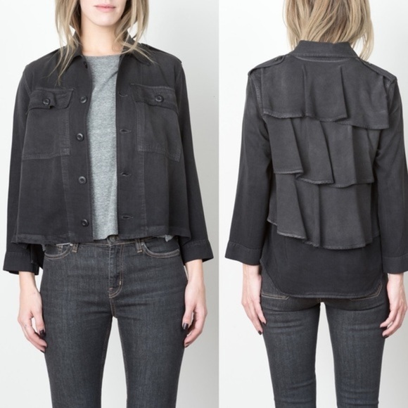 AMO DENIM Ruffle Shirt Jacket in Washed Black, Large, NWOT - Picture 1 of 10